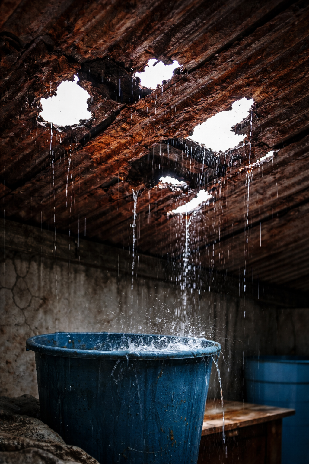 Rusted iron roof with holes